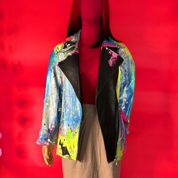 Upcycled Unique Abstract Leather Jacket – Festival & Street Style Fashion - Picture 3 of 12